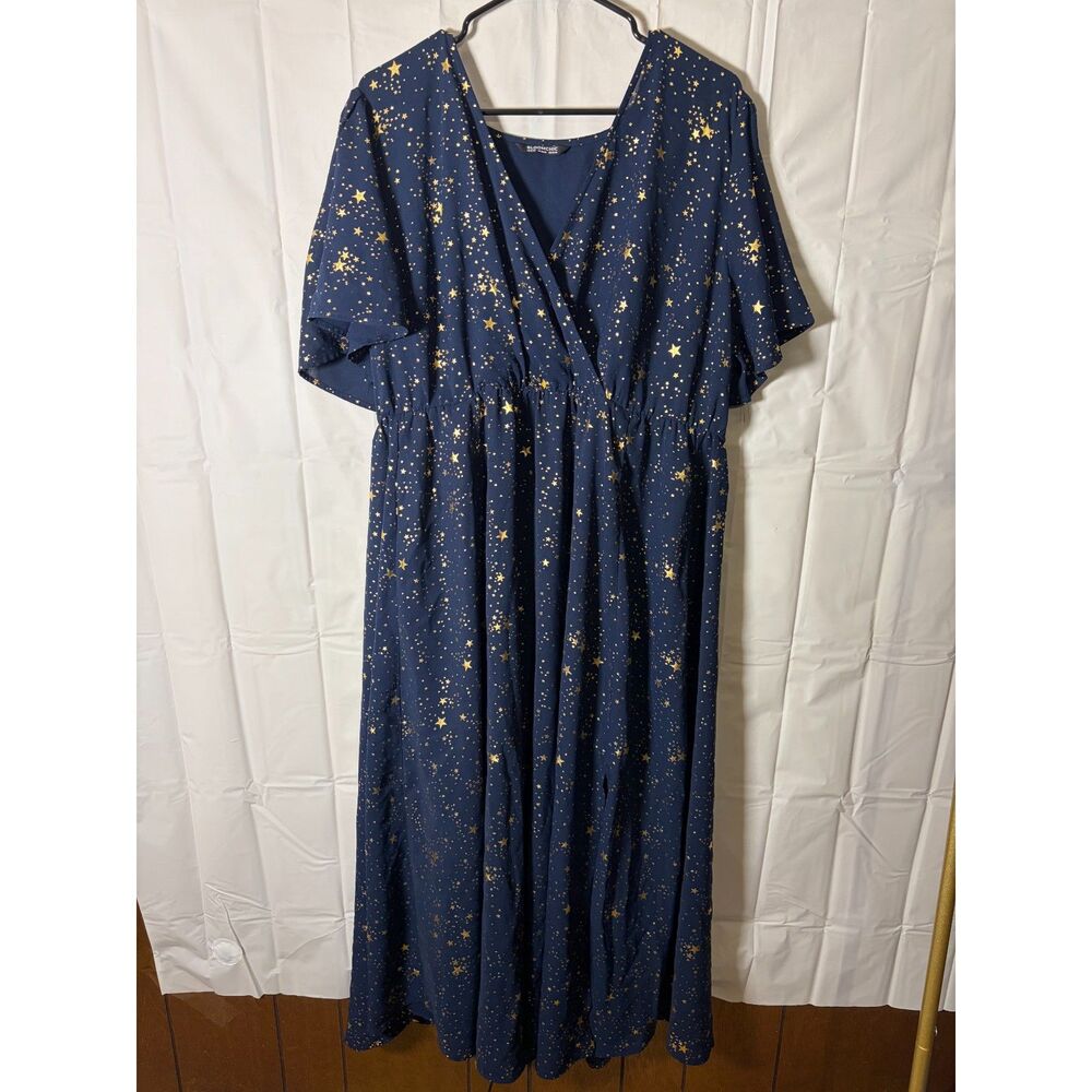 BloomChic Navy Gold Star Print Dress Plus Size 18-20 2X Pockets Celestial Wrap
